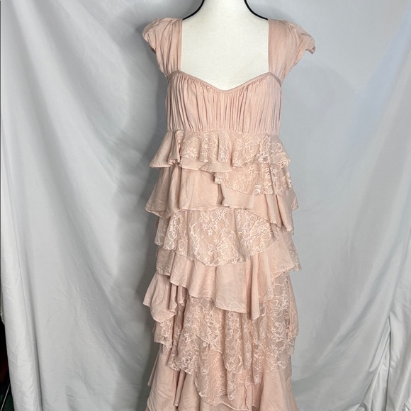 Anthropologie Square Neck Ruffled Lace Tiered High Low Dress - Picture 8 of 10